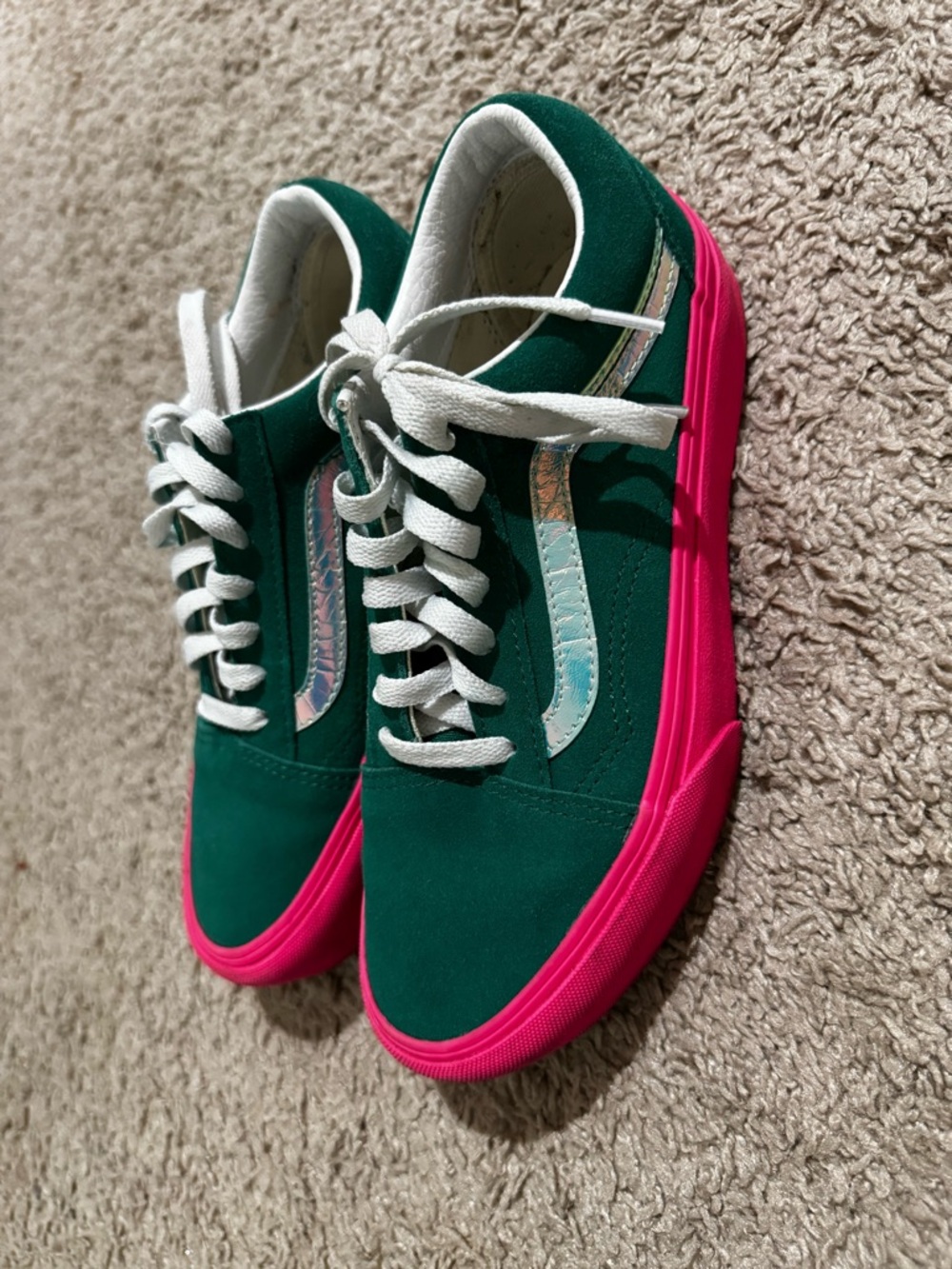 Vans Customs Green Low-Top Canvas Sneakers with Pink Sole
